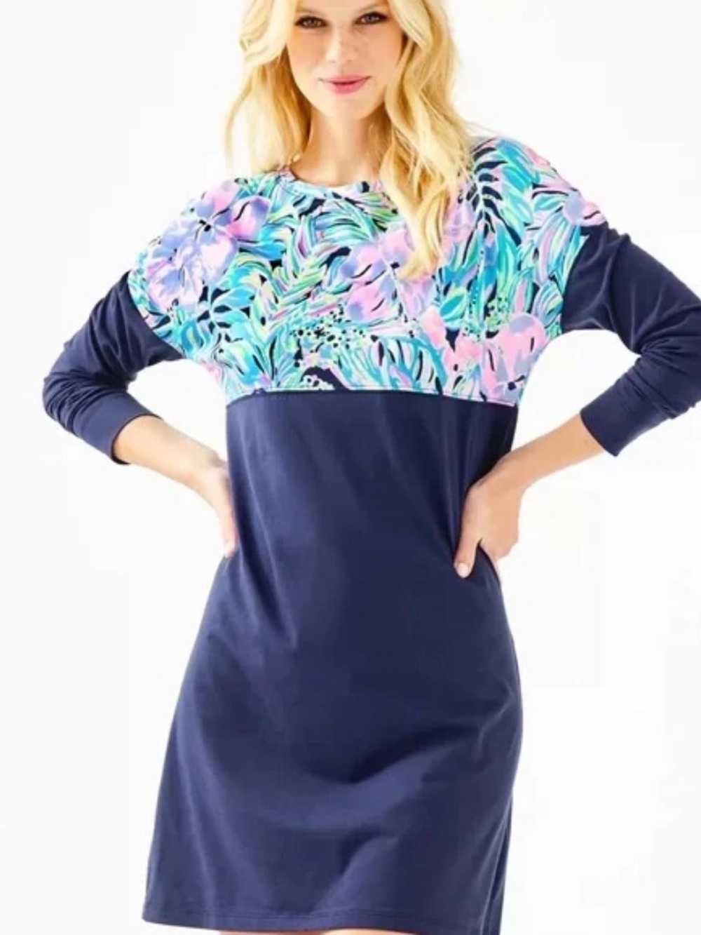 Lilly Pulitzer Finn Dress Long-Sleeve Women’s Medium Bermudaful Navy Pima Cotton